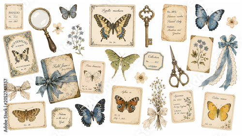 Victorian Butterfly Collector Clipart Set with Specimen Cards, Vintage Journal Magnifying Glass, and Botanical Elements