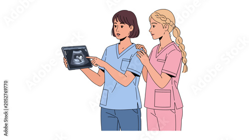 Konstfotografi Medical Consultation: Two medical professionals, one in blue scrubs and the other in pink, review an ultrasound image, discussing patient care
