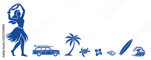 Hawaiian Culture Symbols Featuring Traditional Dance And Nature Icons.