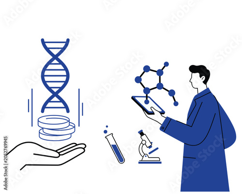 Scientist studying molecular structure with digital tablet.