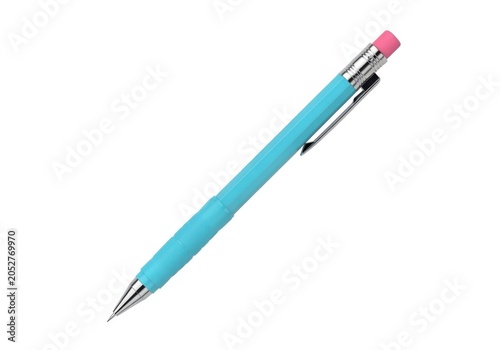 Light blue mechanical pencil with pink eraser on white background isolated on white background