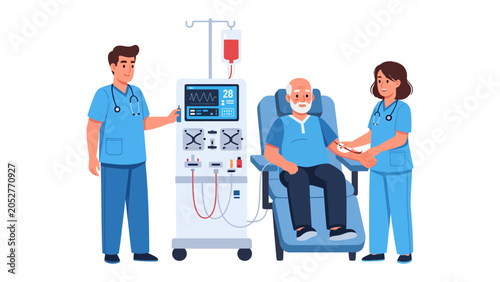 Obraz na płótnie Dialysis Care: A compassionate medical team provides kidney dialysis treatment to an elderly patient, illustrating advanced healthcare and life support