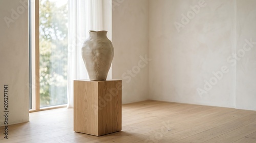 Sculptural ceramic vase standing on a light oak pedestal