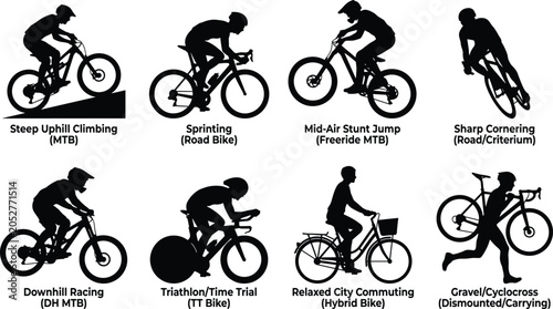Quadro su tela Cycling silhouettes collection featuring mountain biking uphill, road sprinting,