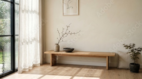 Minimal Japandi living space with a low wooden bench, vase and picture on the wall