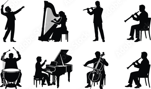 Bild auf Leinwand Classical music orchestra silhouettes featuring conductor harpist flutist oboist