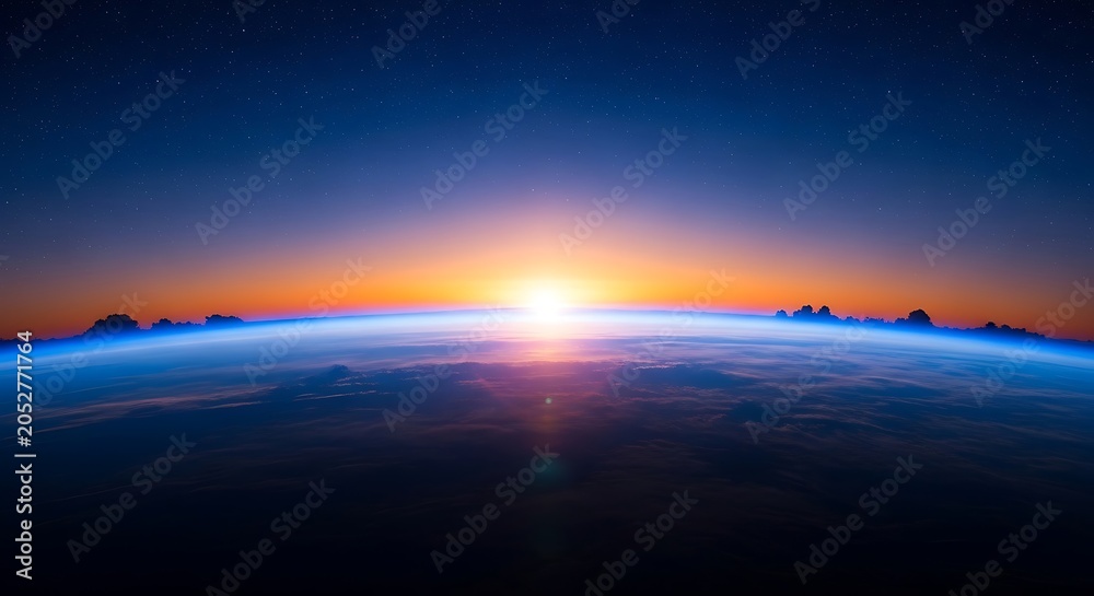 Fototapeta premium Sunrise over Earth from space with atmospheric glow and stars