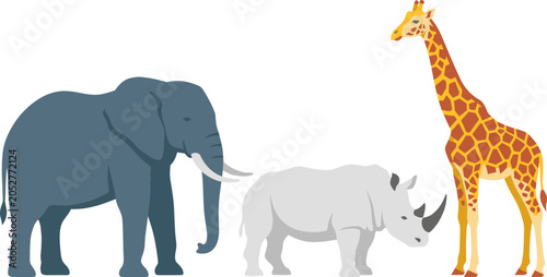 Photography African Safari Wild Animals Vector Set Featuring Large Grey Elephant Horned Rhin