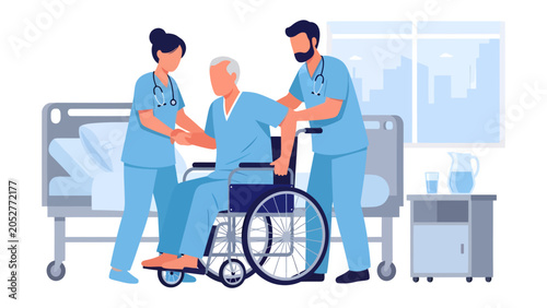 Photography Caregiver Assistance: Two attentive caregivers gently assist an elderly man into a wheelchair next to a hospital bed, symbolizing compassion and dedicated medical support