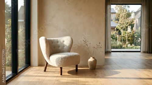 Quiet luxury Scandinavian interior featuring a curved boucle armchair