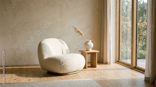 A beige upholstered armchair stands against the wall, next to it is a wooden bedside table with a vase
