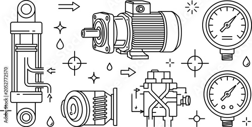 Foto Industrial Hydraulic System Icon Set with Electric Motor Pressure Gauge and Cyli