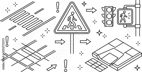 Fotografie Pedestrian Crosswalk Sign Icon Set with Traffic Light Intersection and Tactile P