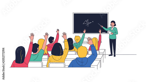 Slika na platnu Interactive Classroom Lesson: A teacher points to a blackboard while a classroom of students raise their hands, eager to answer a question