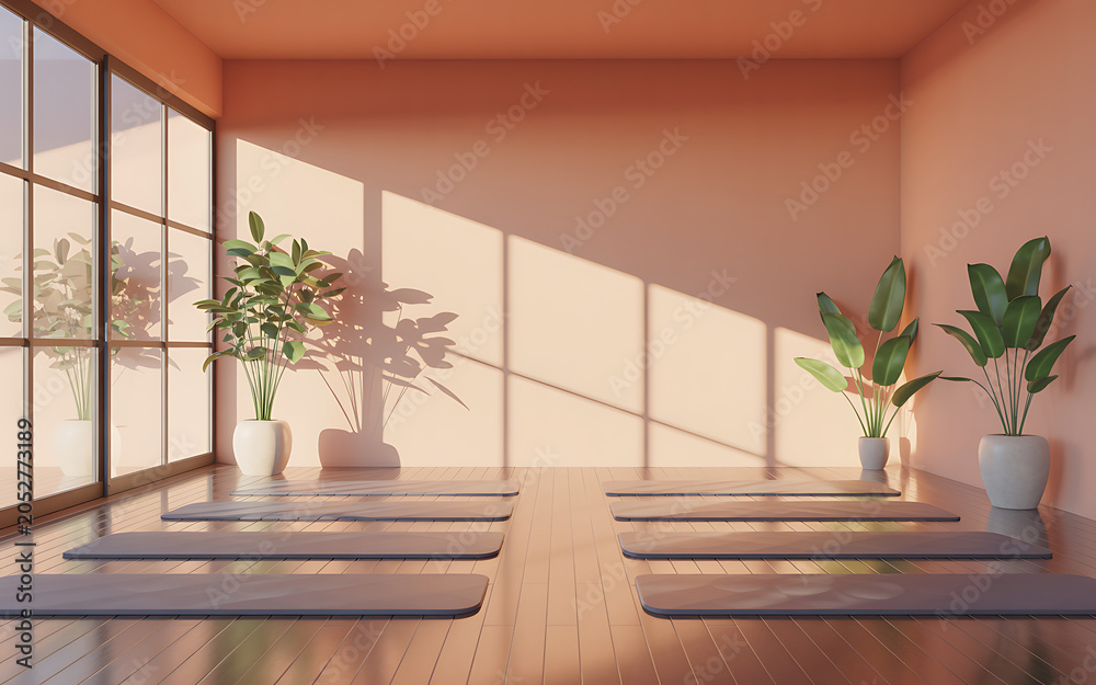Fototapeta premium Modern yoga studio bathed in warm sunlight featuring three mats and indoor plants for serene practice sessions