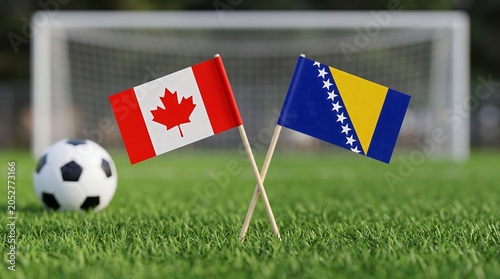 Canada and Bosnia Herzegovina Flags on Soccer Field with Ball and Goal