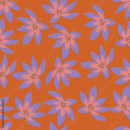 Seamless floral pattern, cute ditsy print with small pink flowers, leaves on purple background. Pretty botanical design for fabric, paper and other surfaces. Vector illustration.