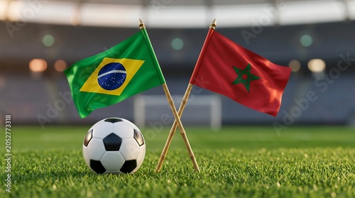 Brazil and Morocco Flags Crossed with Soccer Ball on Stadium Field