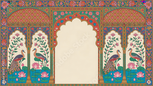 Traditional Mughal seamless illustration pattern with garden, peacock, flower plant, tree for print.
