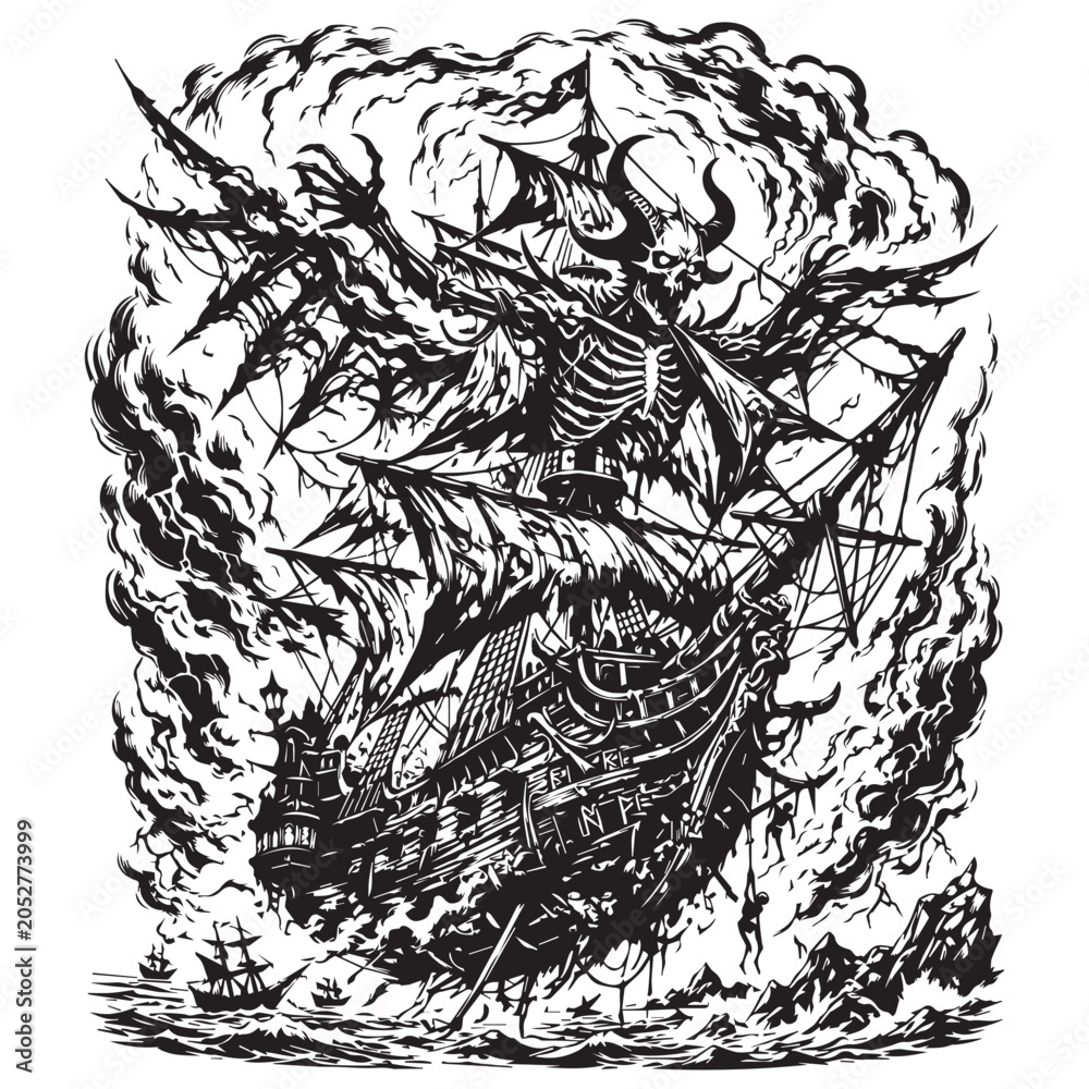 Obraz premium Haunted galleon in stormy skies with black and white