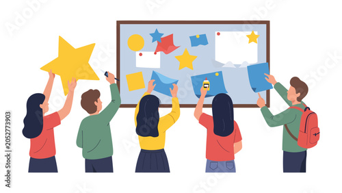 Obraz na płótnie Teamwork and Achievement Board: A group of diverse individuals contributes to a vibrant bulletin board adorned with stars, messages, and notes, symbolizing collective effort and shared success