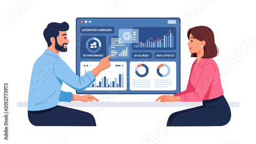 Obraz na plátne Data analysis collaboration: A male and female professional review data charts and graphs on a large monitor in a modern office setting, highlighting teamwork and strategic decision-making
