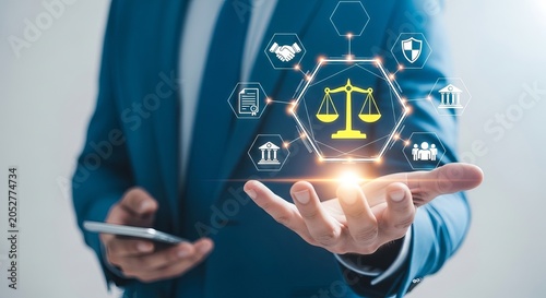 Legal technology and digital justice concept with scales and network icons