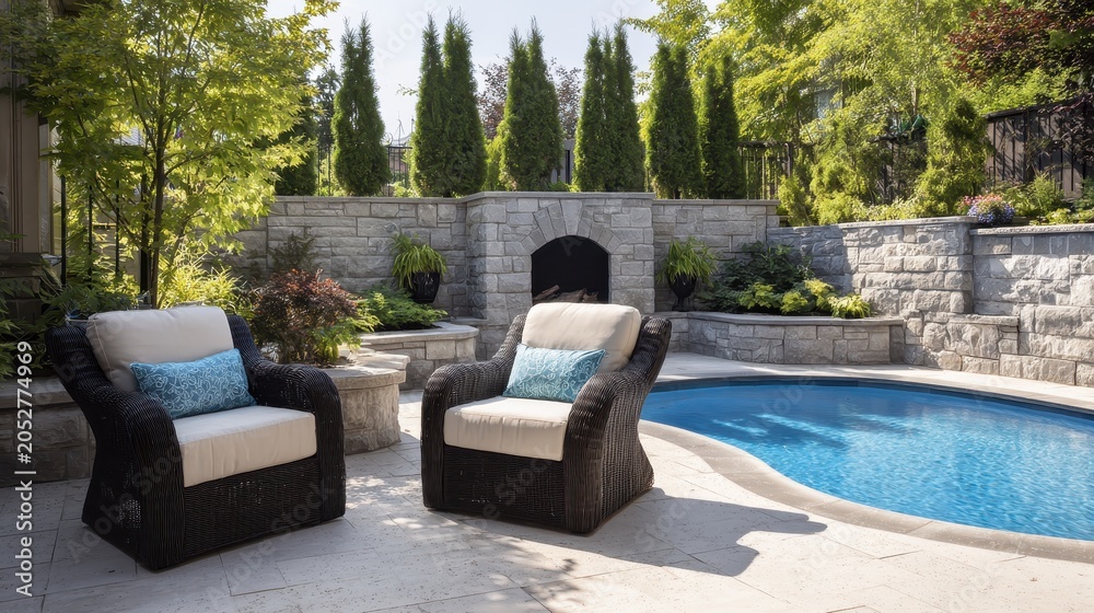 Obraz premium Luxurious outdoor patio with wicker chairs, a swimming pool, and a stone fireplace in a landscaped garden.