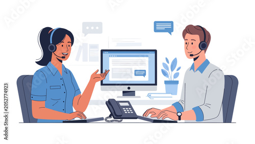 Bild auf Leinwand Customer Support Team: Two call center agents, a woman and a man, wearing headsets and seated at their desks with computers and a telephone, engage in a virtual communication