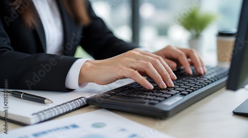 Close up of hands typing on black computer keyboard.