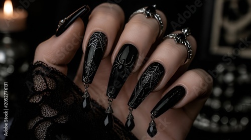 Close-up of hands with black gothic spiderweb nail art.
