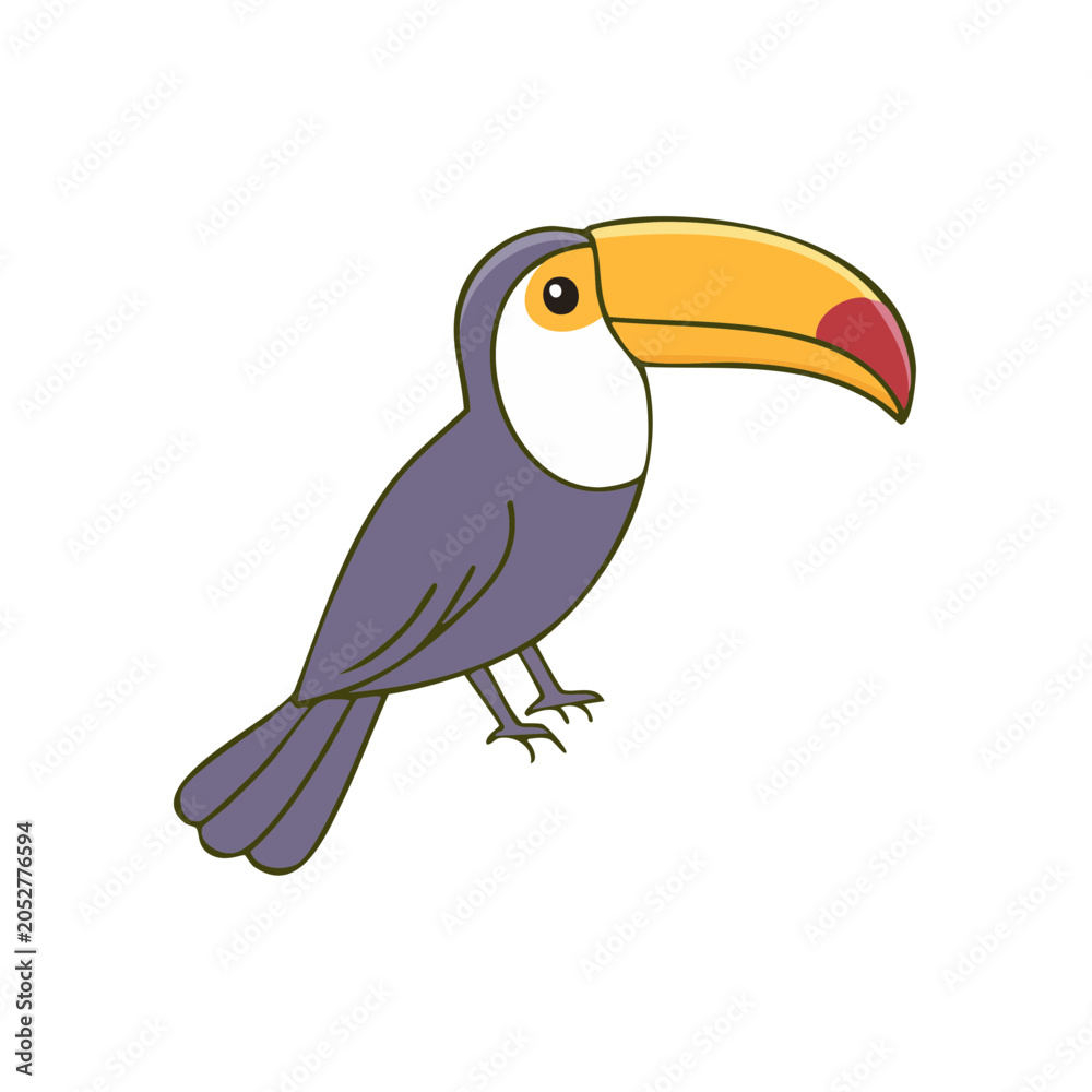 Obraz premium Cartoon Toucan Bird with Large Yellow Beak and Purple Body Isolated