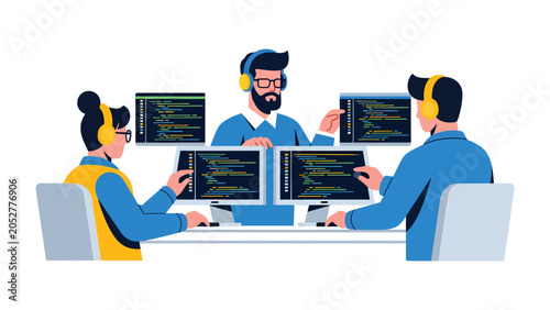 Фотография Coding Teamwork: Three programmers collaborate efficiently at their workstations, surrounded by monitors displaying lines of code, engrossed in a shared development project