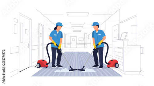 Schilderij op canvas Hospitality Hygiene: Two dedicated janitorial staff members in uniform meticulously clean a hospital hallway, utilizing vacuum cleaners and mops to maintain pristine conditions