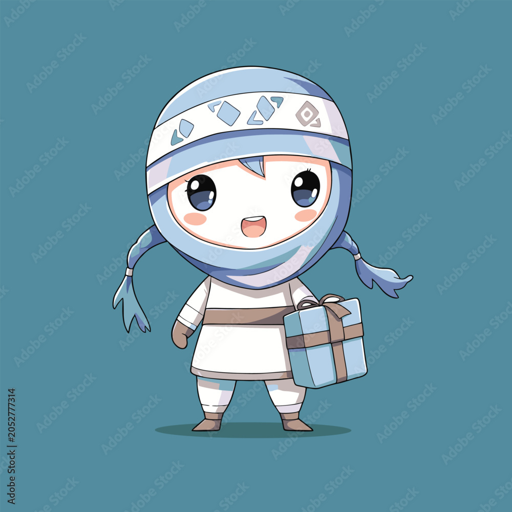 Fototapeta premium Chibi hooded character with braids holding a striped gift box