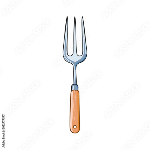 Handheld garden fork with a light brown wooden handle and three pointed tines, isolated.