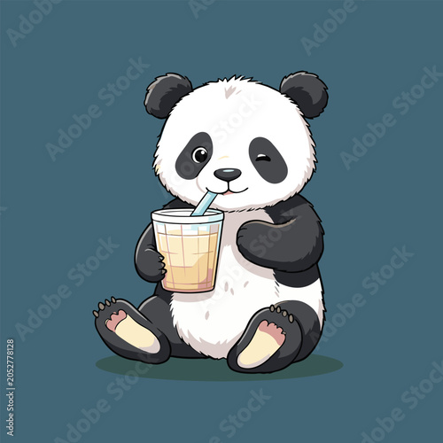 Panda drinking a glass of iced lemon tea