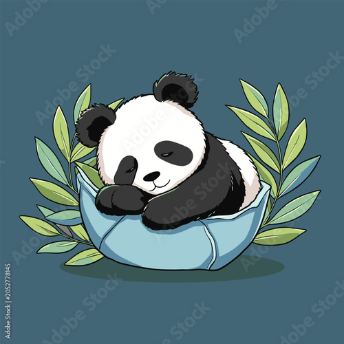Panda sleeping peacefully in a blue cushioned bed