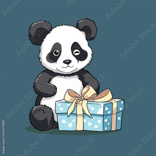Panda with a blue polka-dotted gift box