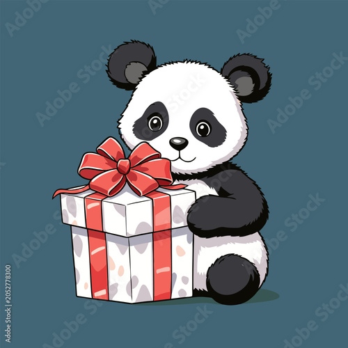 Panda with a red-ribboned white gift box