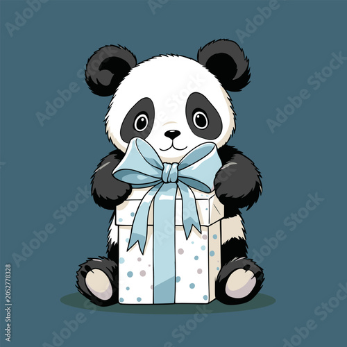 Cute panda holding a light blue gift box
