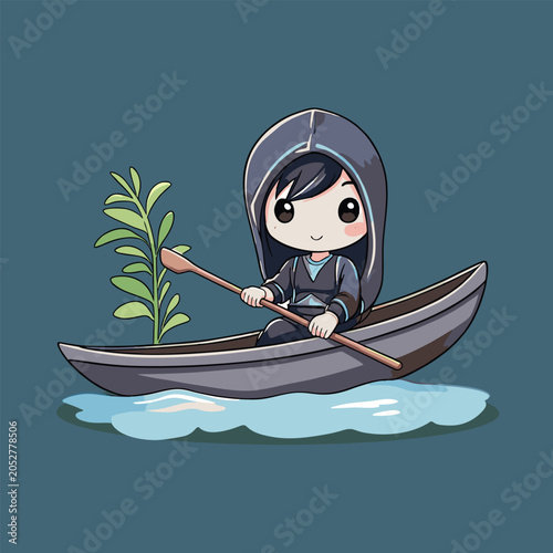  Chibi hooded girl rowing a boat with a plant