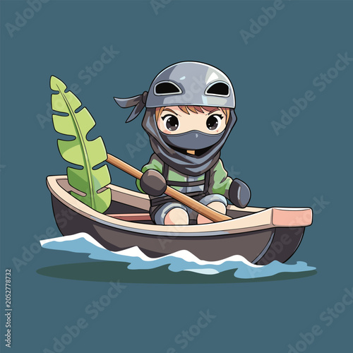 Chibi ninja rowing a small wooden boat