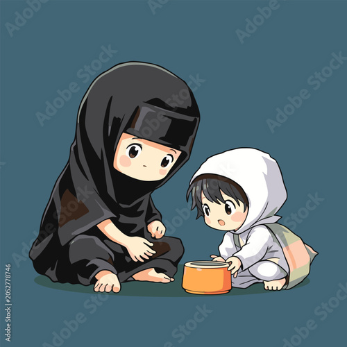 Chibi ninja with teal headband, black outfit, sword