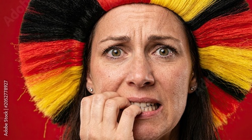 Anxious German soccer fan biting nails wearing national colors wig