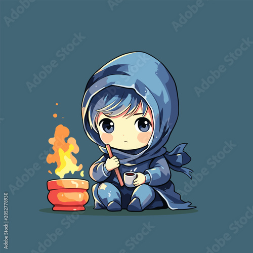 Chibi ninja with girl, fire, blue hair, teal bg