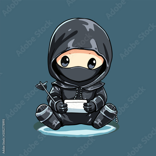 Chibi ninja with weapons, black outfit, teal bg