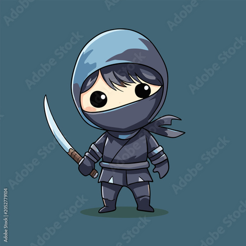 Chibi ninja with curved sword, black outfit, teal bg