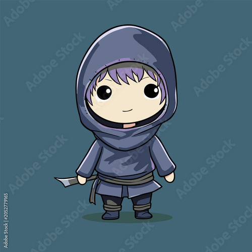Highlighted chibi ninja, purple hair, black outfit, teal bg