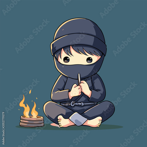 Meditating chibi ninja, fire, black outfit, teal bg